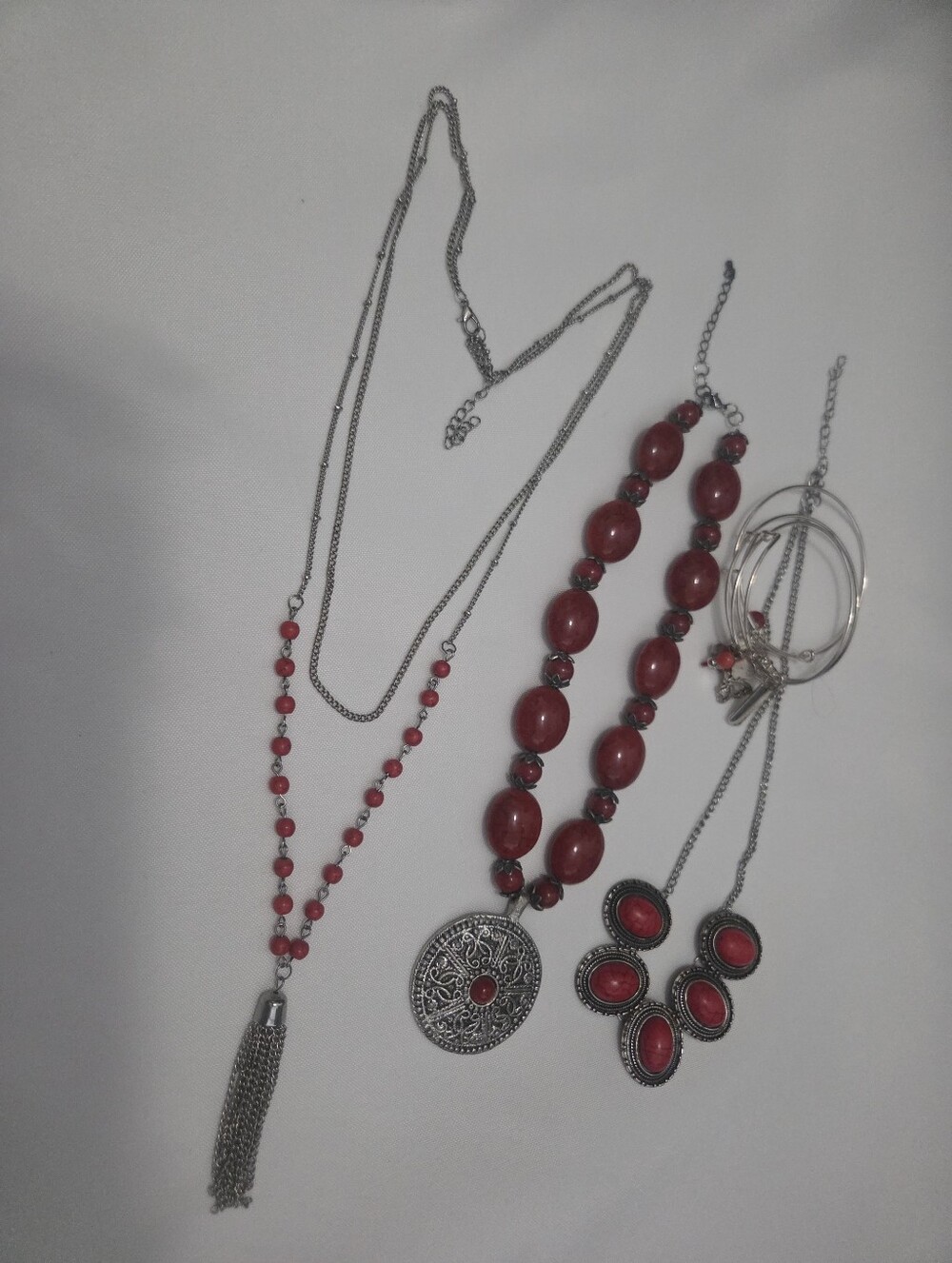 Silver-Tone Red Beaded Necklace Set - Women Jewelry